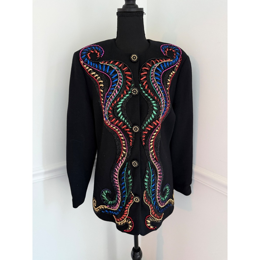 Vintage Diane Freis‎ Knits Merino Wool Beaded Ribbon Cardigan Jacket Black L XL